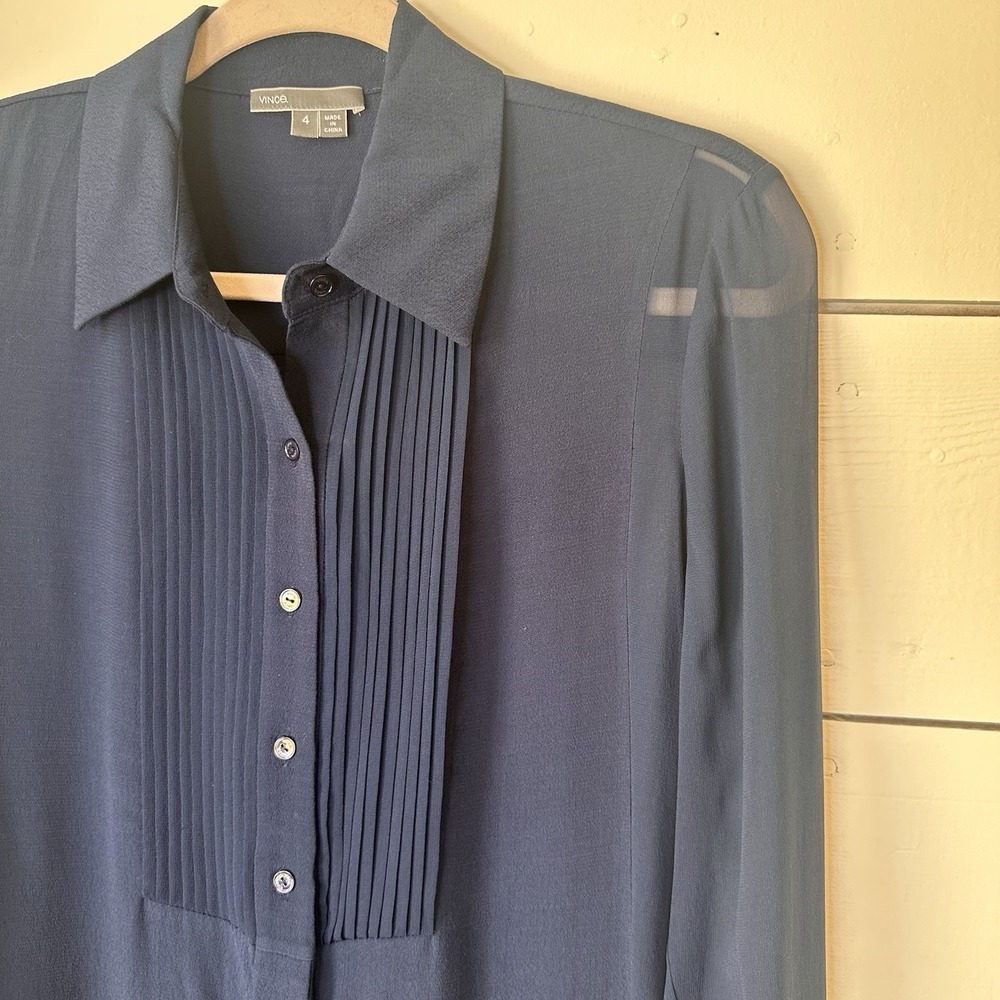 Vince Navy Tuxedo Pleated Blouse Sz 4 Semi Sheer Top Silk Quiet Luxury Office